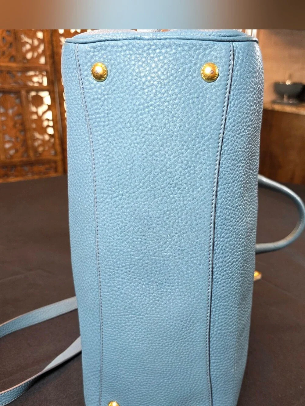 Authentic Prada Vitello Daino Blue Leather Top Handle Handbag  Comes w COA